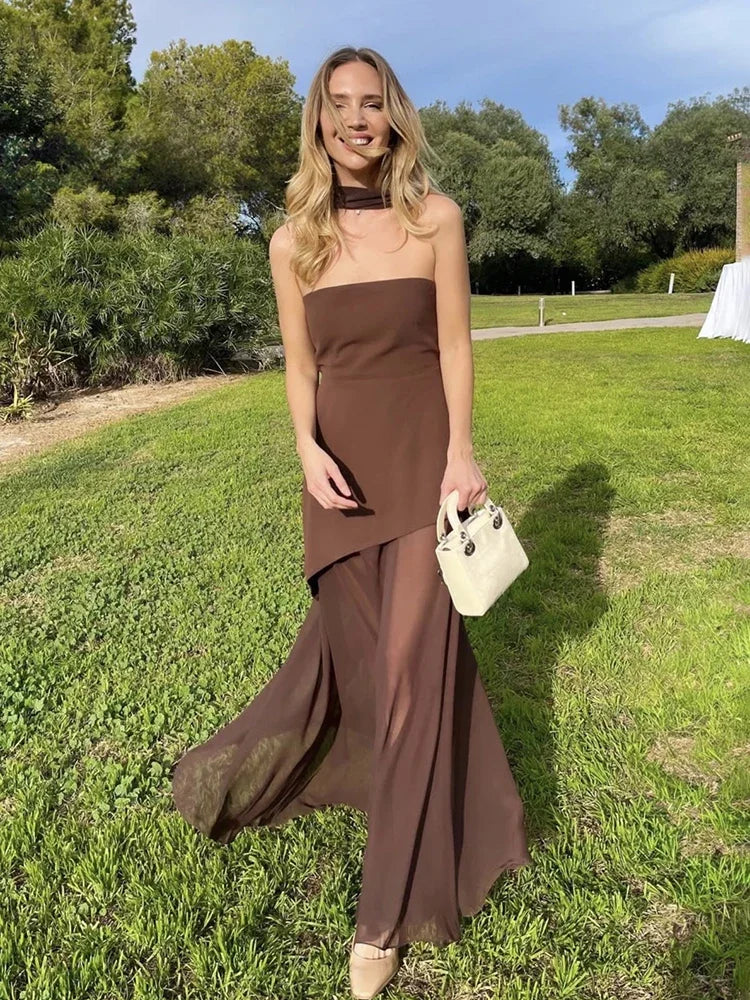 2025 New Strapless Dress With Ribbon Women's Elegant Sleeveless Mesh Beach Vacation Long Dress Spring Fashion Lady Dress