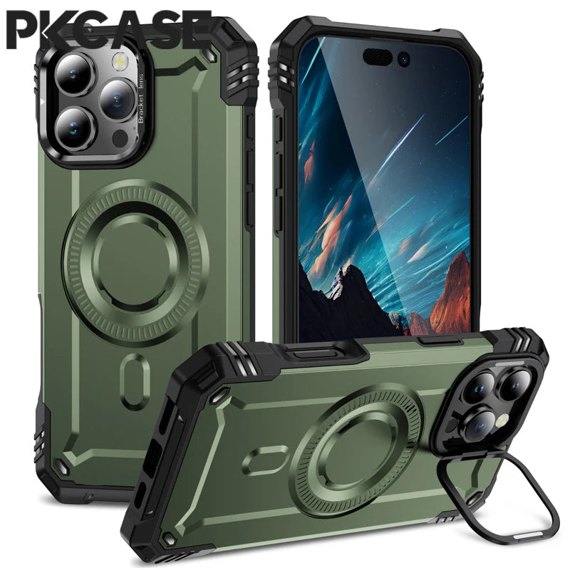 PKCASE Military Shockproof Bracket Case For iPhone 17 Air 16 15 14 Plus Pro Max For Magsafe Magnetic Armor Cover