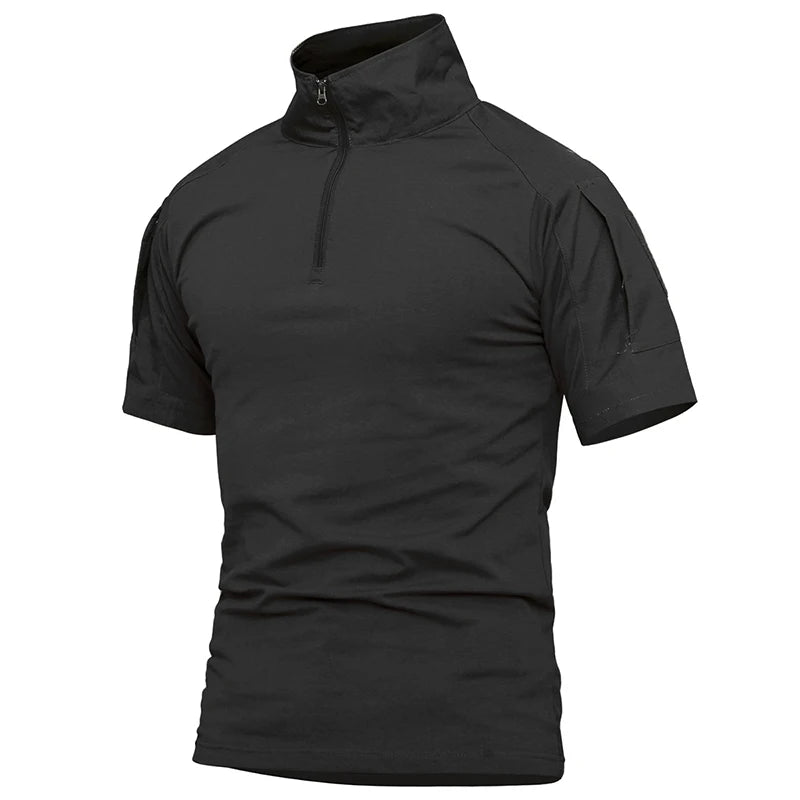 Summer Short Sleeve Combat Shirt Men 1/4 Zipper Cotton Tactical T Shirt Navy Blue Outdoor Shirts With Zipper Pocket