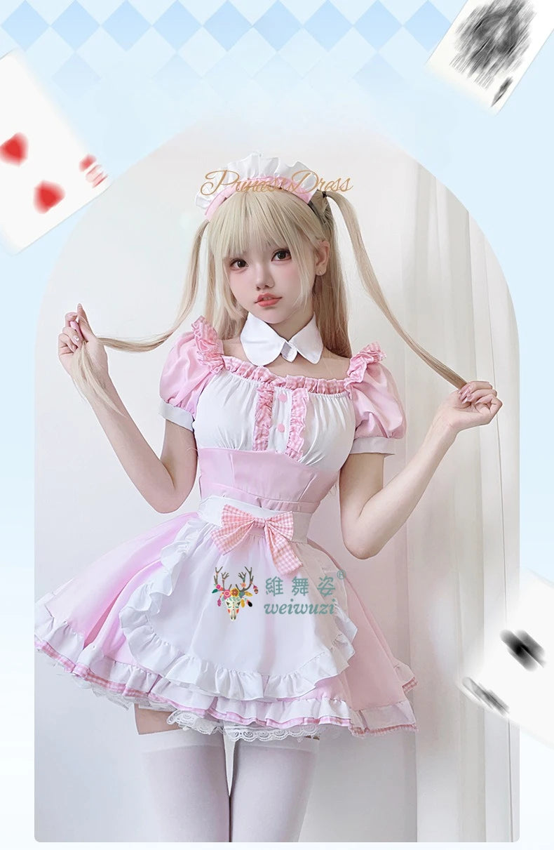 Japanese Sweet Cute Lolita Dress Maid Cosplay Costume Pink Bow Maid Dress Girl Fashion Stage Perfermance Fancy Costume Catwomen