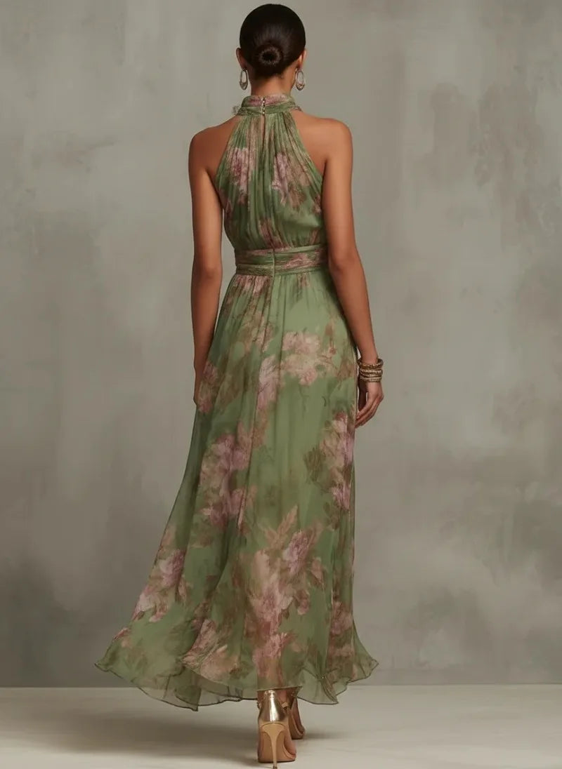 Elegant Ruched Mesh Maxi Dress – Printed Split Cami Style