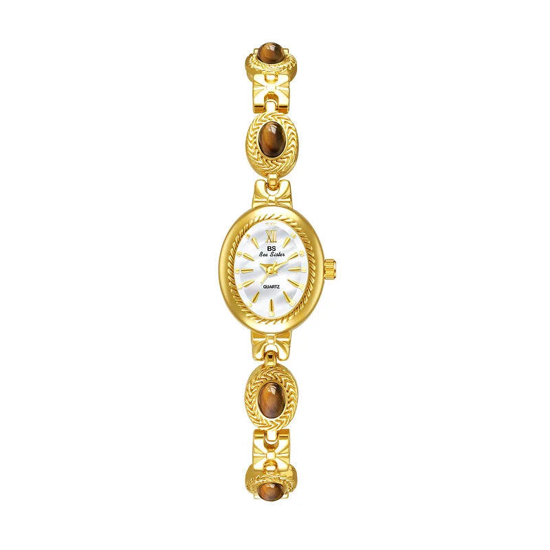 Women's Watch Natural Jade Bracelet Vintage Small Oval Dial Gold Retro Watches Luxury Brand Women Quartz Wristwatches Clock Gift