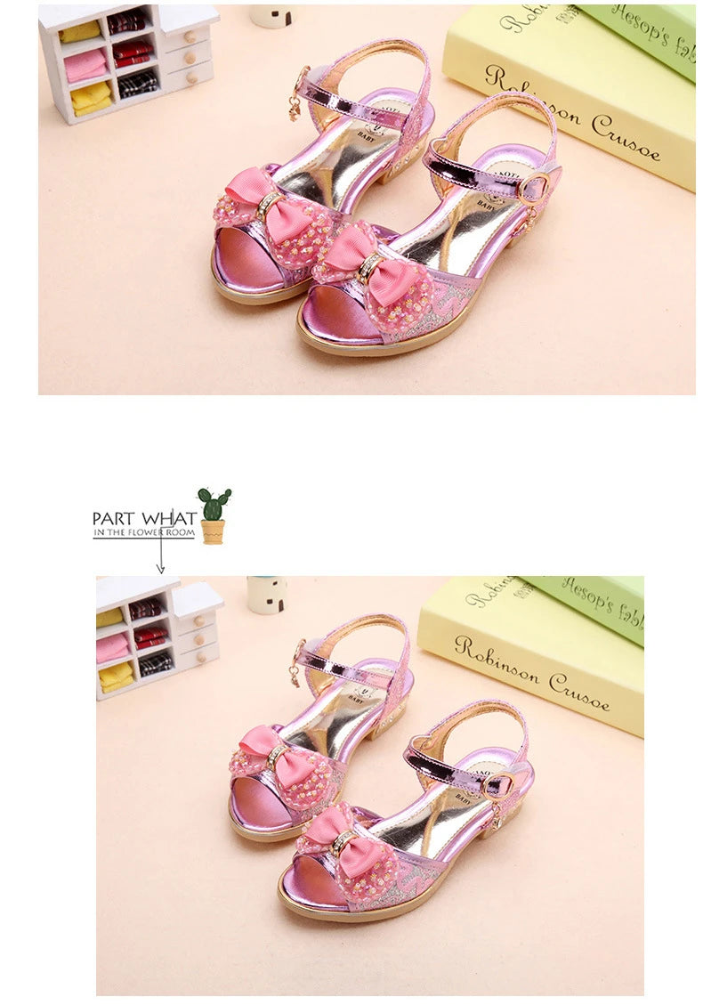 Summer Princess Children's Sandals Girls Sequins Low Heels Non-slip Shoes Fashion Bowknot Kids Beach Sandals Causal Versatile