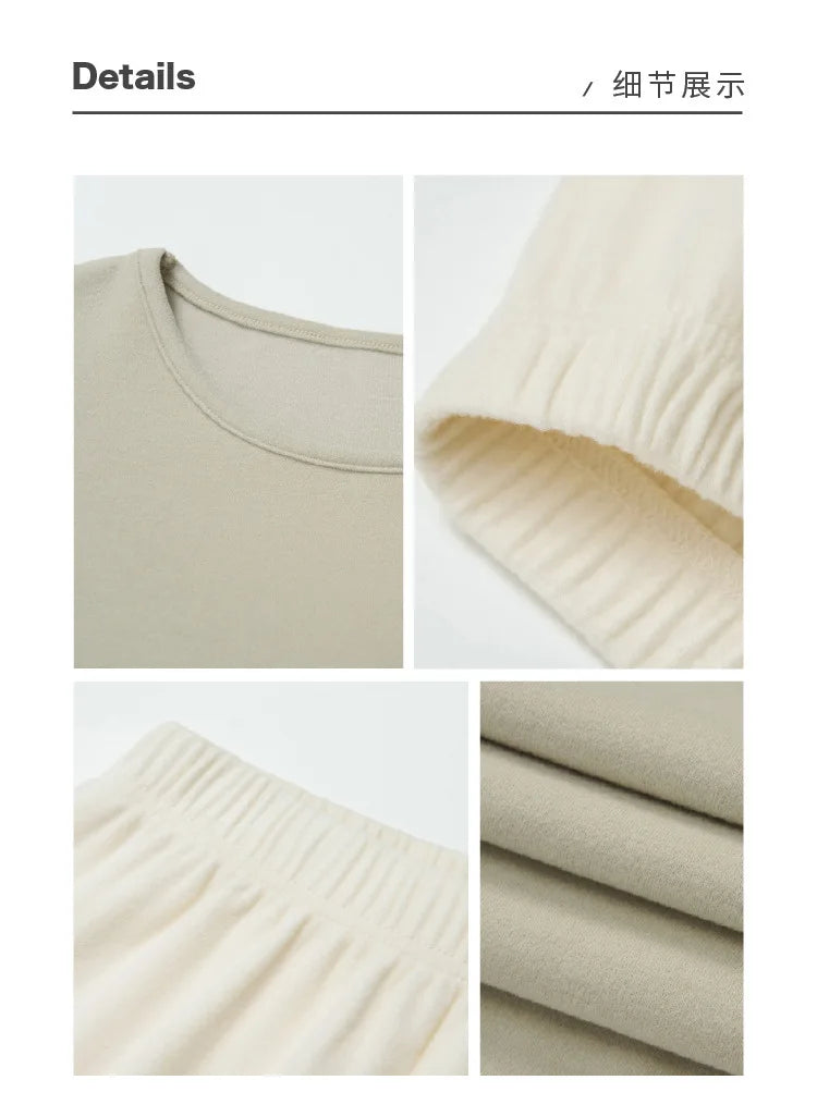 Autumn Winter Women Double-sided Brushed Pajamas T Shirt Pant Two Piece Set for home