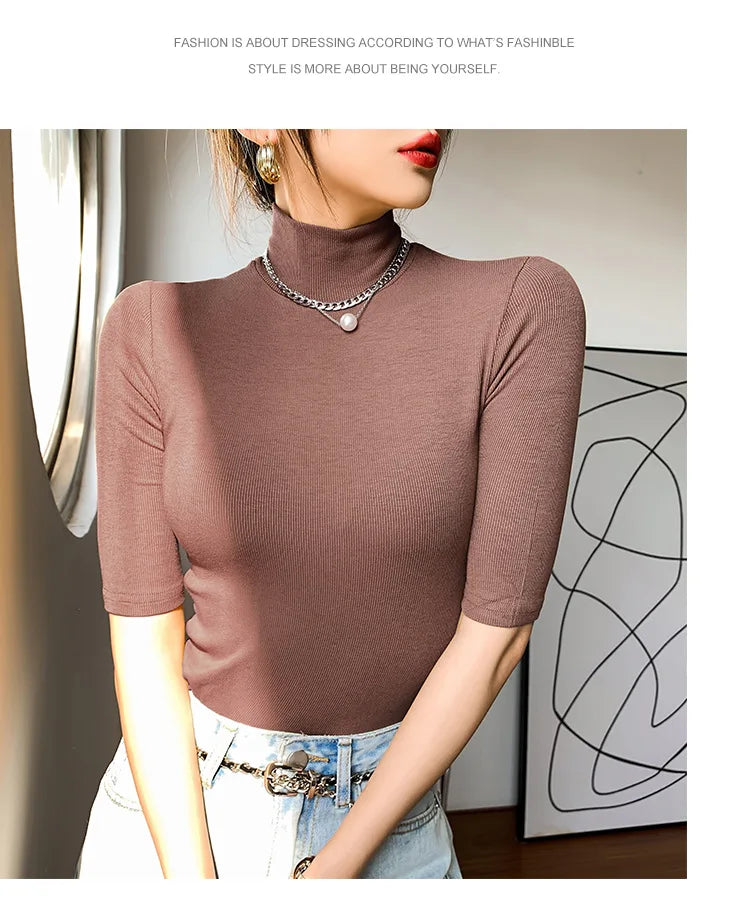 Basic  T Shirt Women Turtleneck Slim Tshirt Short Sleeve T-shirts Female Casual Elasticity White Tee Shirt Femme Woman Top