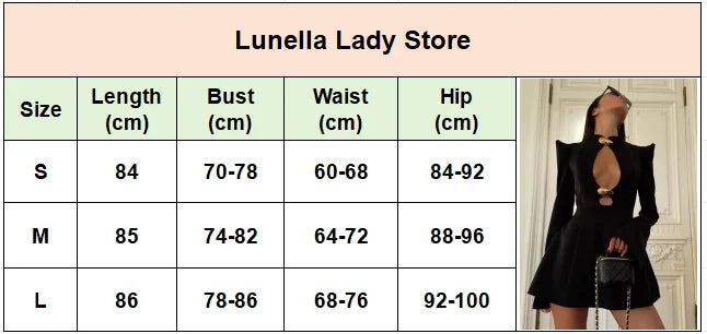 Black Hollow Out Mini A-line Dress Women Sexy Round Neck Full Sleeve Waist Cinching Short Dresses 2025 Lady Chic Party Club Robe