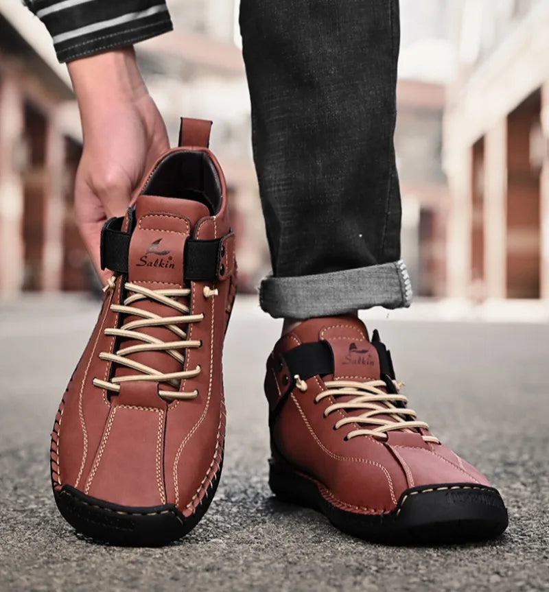 Winter New Men's Low-top Ankle Boots High Quality Hand-stitched Hook&loop Leather Casual Sneakers Classic Man Shoes Plus Size 48