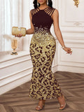 Elegant Leopard Print Fishtail Hem Burgundy Evening Dress With Hollow Out Detail