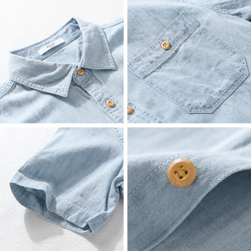 Summer New Casual Denim Short Sleeve Shirts Men Clothing Pure Cotton Slim and Thin Soft Streetwear FY9358