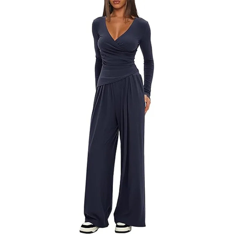 2025 autumn and winter wide leg pants set, women's long sleeved multi occasion sportswear, commuting hot selling item