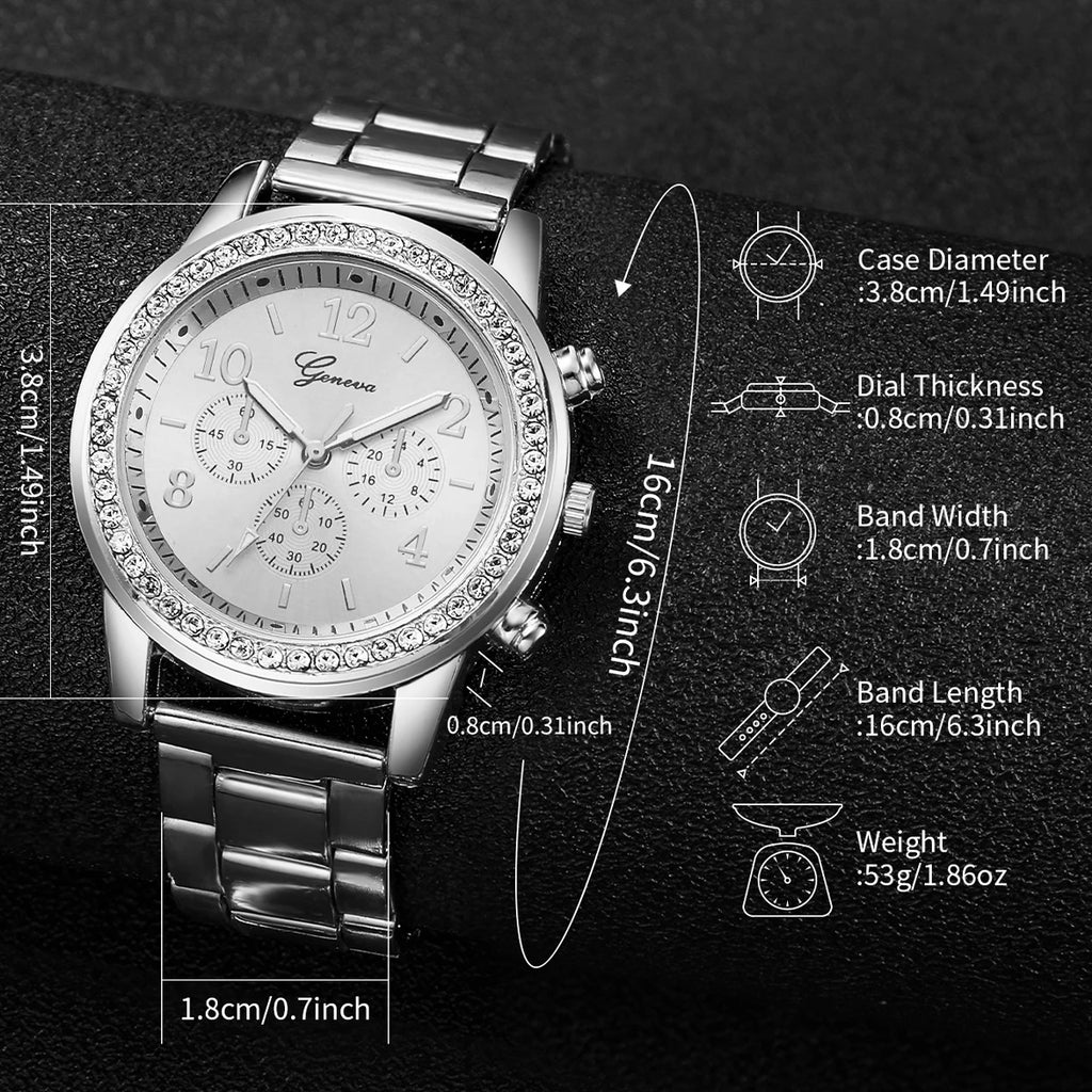 4PCS/Set Fashion Rhinestone Women's Watch Stainless Steel Band Analog Quartz Watches Bracelets Set（Without Box）