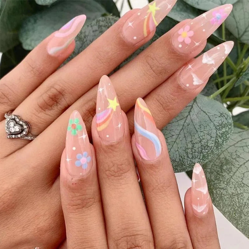 24Ps/Set Almond Slant Gold Line Lotus Pink Fake Nails Artificial Professional Material art False Nail Supplies For Professionals