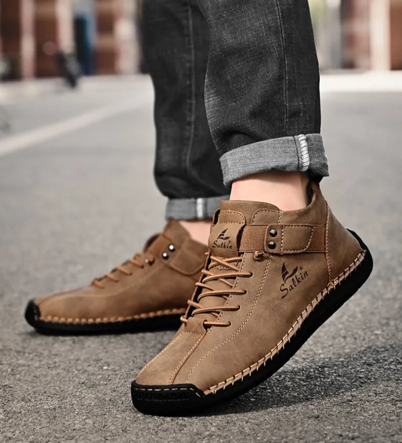 Winter New Men's Low-top Ankle Boots High Quality Hand-stitched Hook&loop Leather Casual Sneakers Classic Man Shoes Plus Size 48