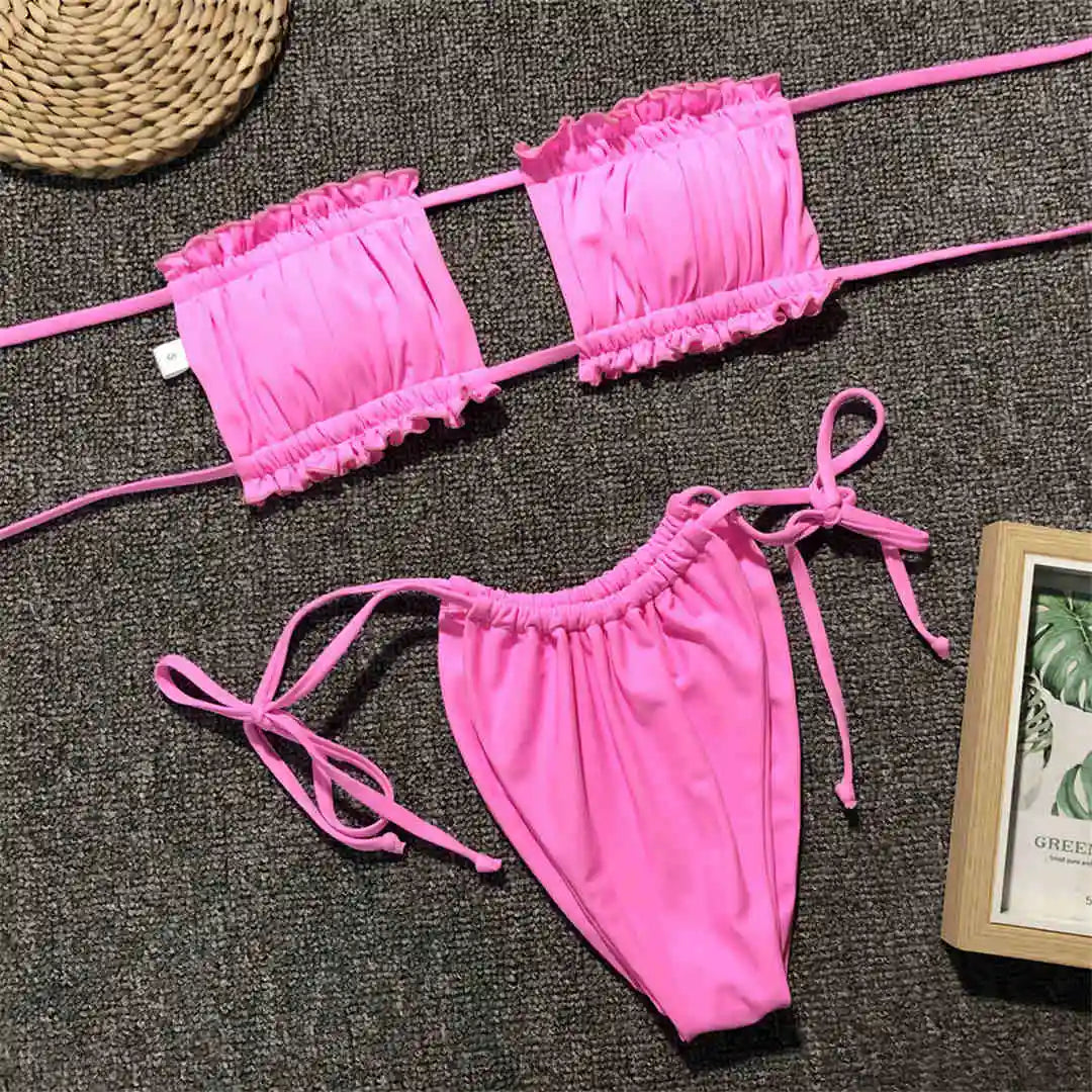 Sexy Leopard Bandeau Brazilian Bikini Swimsuit Female Swimwear Women Two-pieces Bikini set Pleated Bather Bathing Suit V1242L