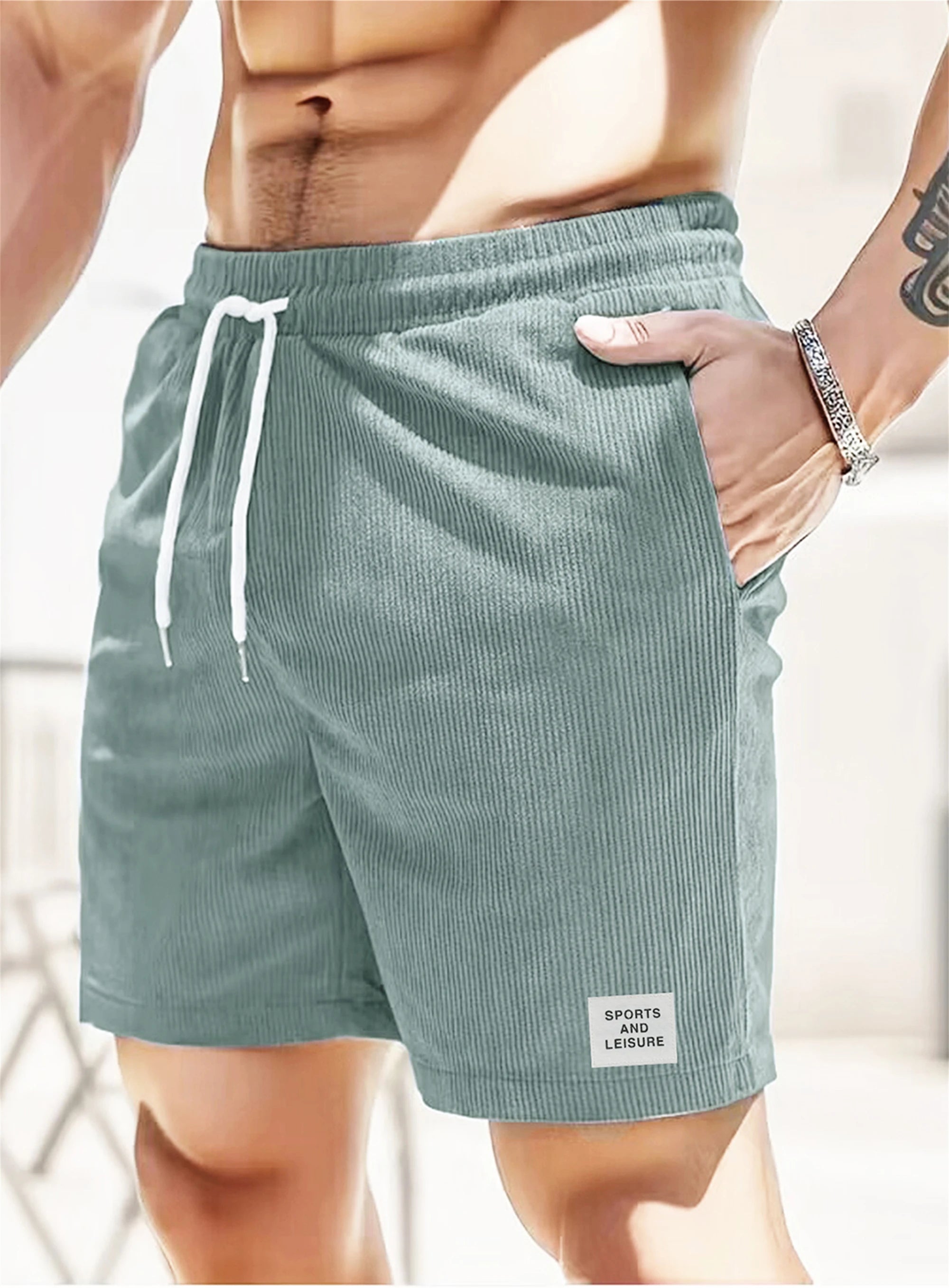 Summer new solid color lace-up sweatpants corduroy simple quarter shorts men's shorts casual pants
