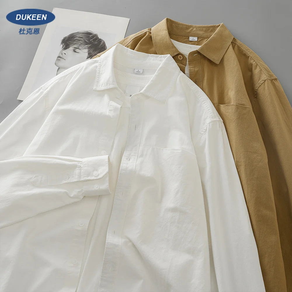 Dukeen Long-Sleeved Shirt Men's Spring and Autumn Cotton Senior Sense of Casual Solid Color White Lapel Shirt Vintage Clothes