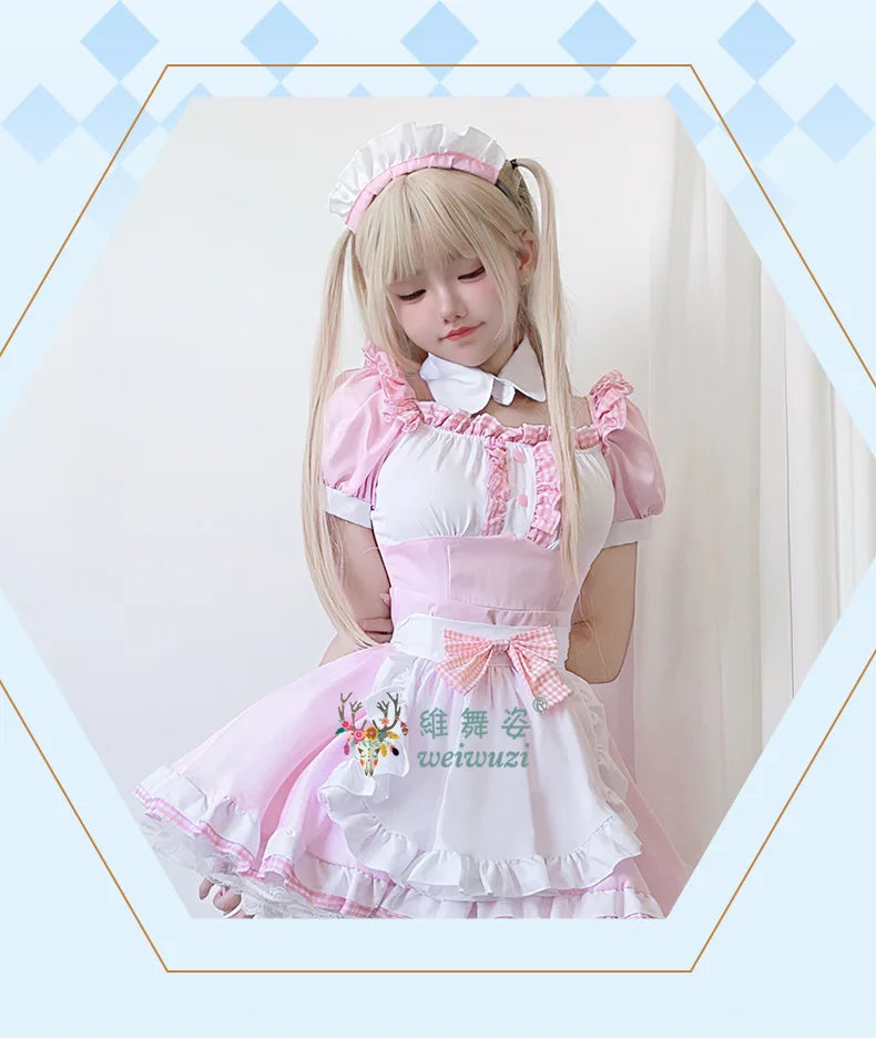 Japanese Sweet Cute Lolita Dress Maid Cosplay Costume Pink Bow Maid Dress Girl Fashion Stage Perfermance Fancy Costume Catwomen