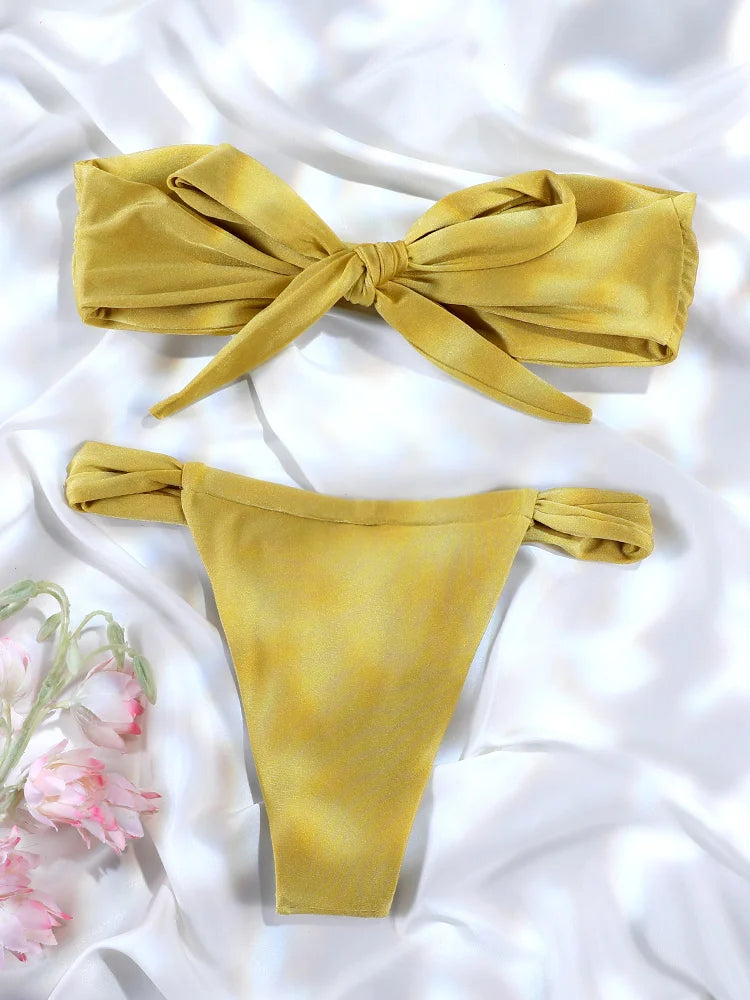 Rinabe Women's Swimsuit Solid Biquinis Off Shoulder Bikinis Women Low Waist Swimwear Pleated Bathing Suit Female Bikini Sets