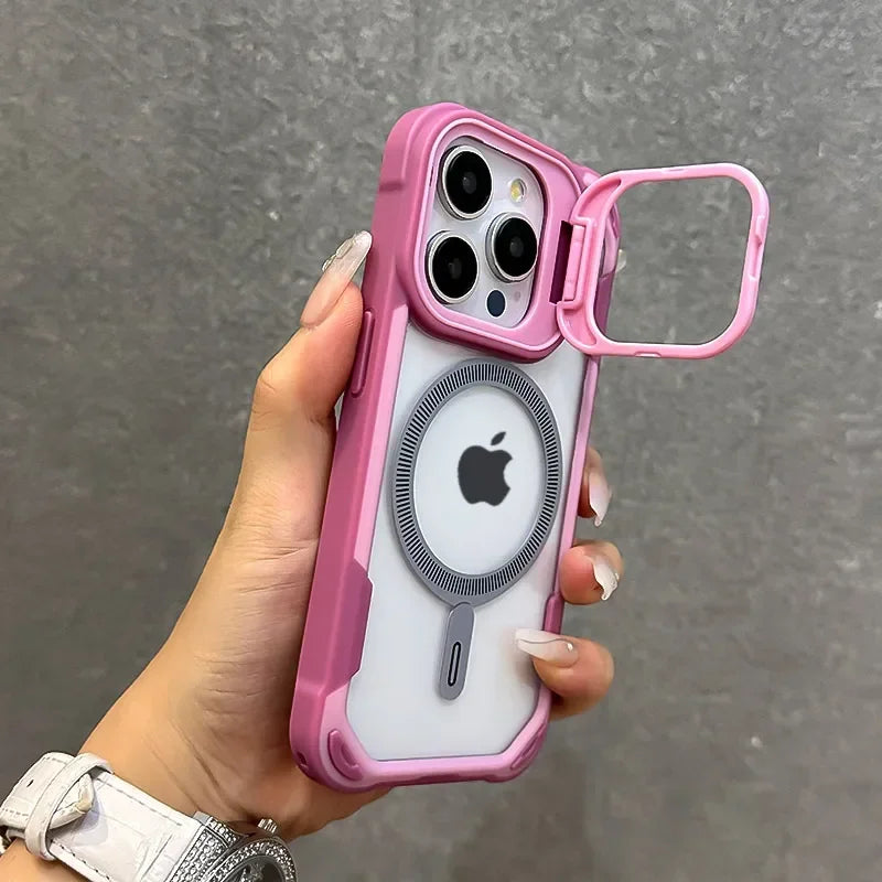 Armor Fold Lens Stand Protect For Magsafe Case For iPhone 16 13 12 14 15 Pro Max Plus Magnetic Wireless Charg Shockproof Cover