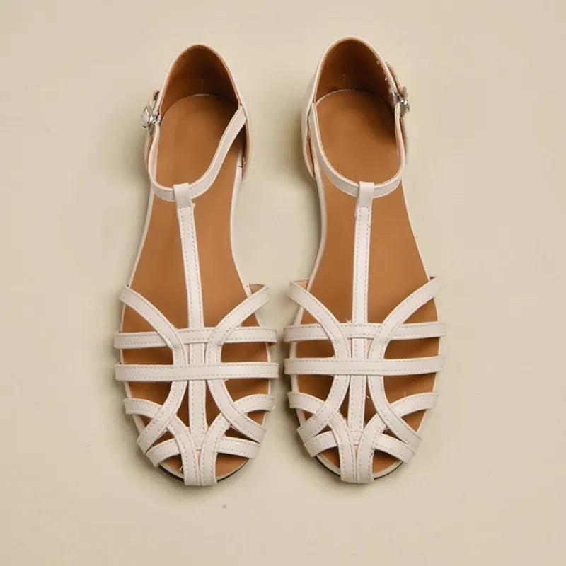 Shoes Female Sandal 2025 Women's Girls Beige New Summer Comfort Low Retro Flat Back Strap Square heel Rubber PU Scandals