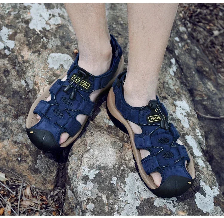 Summer Sandals Leather Outdoor Men Beach Shoes Luxury Breathable Casual Sandal Man Wading Shoes Non-slip Wide lining Slippers