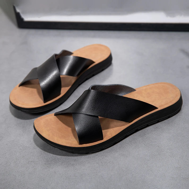 Summer Sandals High Quality Leather Men Bare Toe Slippers Men Shoes Slip on Casual Shoes Outdoor Mens Slides Comfy Beach Sandals