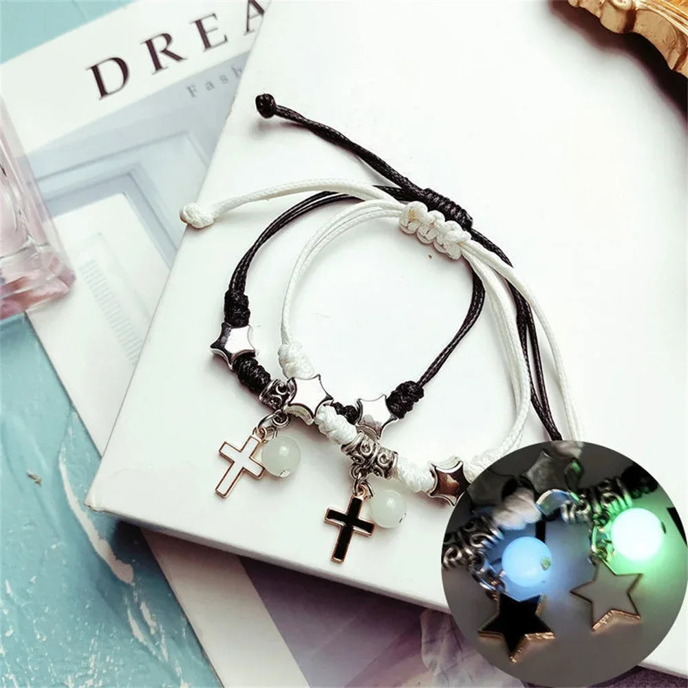 Fashion Luminous Beads Star Couple Bracelet for Women Men Charm Cat Flower Heart Key Lock Cross Matching Friend Bracelet Jewelry