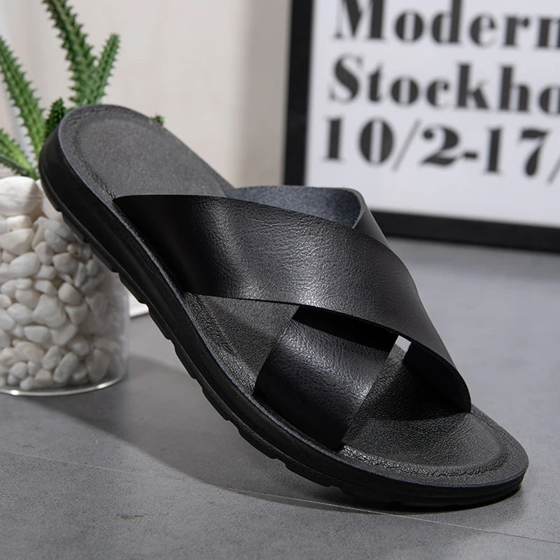 Summer Sandals High Quality Leather Men Bare Toe Slippers Men Shoes Slip on Casual Shoes Outdoor Mens Slides Comfy Beach Sandals