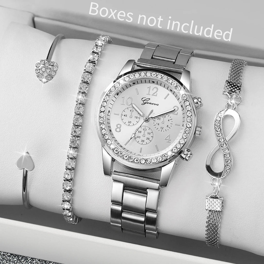 4PCS/Set Fashion Rhinestone Women's Watch Stainless Steel Band Analog Quartz Watches Bracelets Set（Without Box）