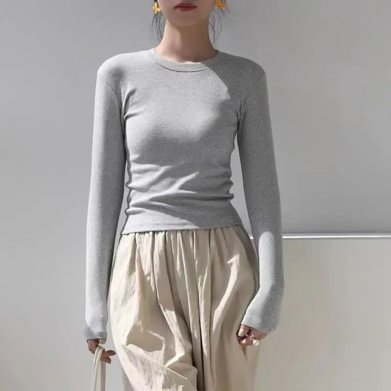 Cotton O Neck Long Sleeve Shirt Women Sexy Cropped Tops 2026 Autumn Black Casual Skinny Slim Basic Woman T Shirts White Clothing
