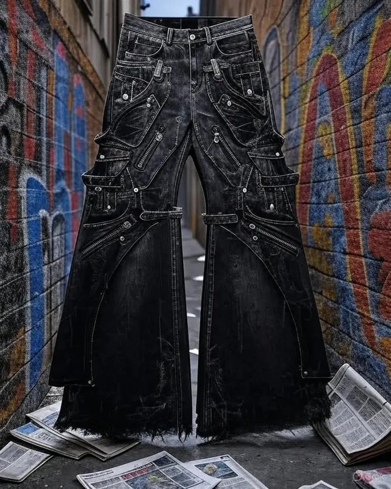 Streetwear Goth Punk Multi-Pocket Cargo Jeans Mens Black Distressed Flared Denim Pants with Straps Zippers Studs  Frayed Edges