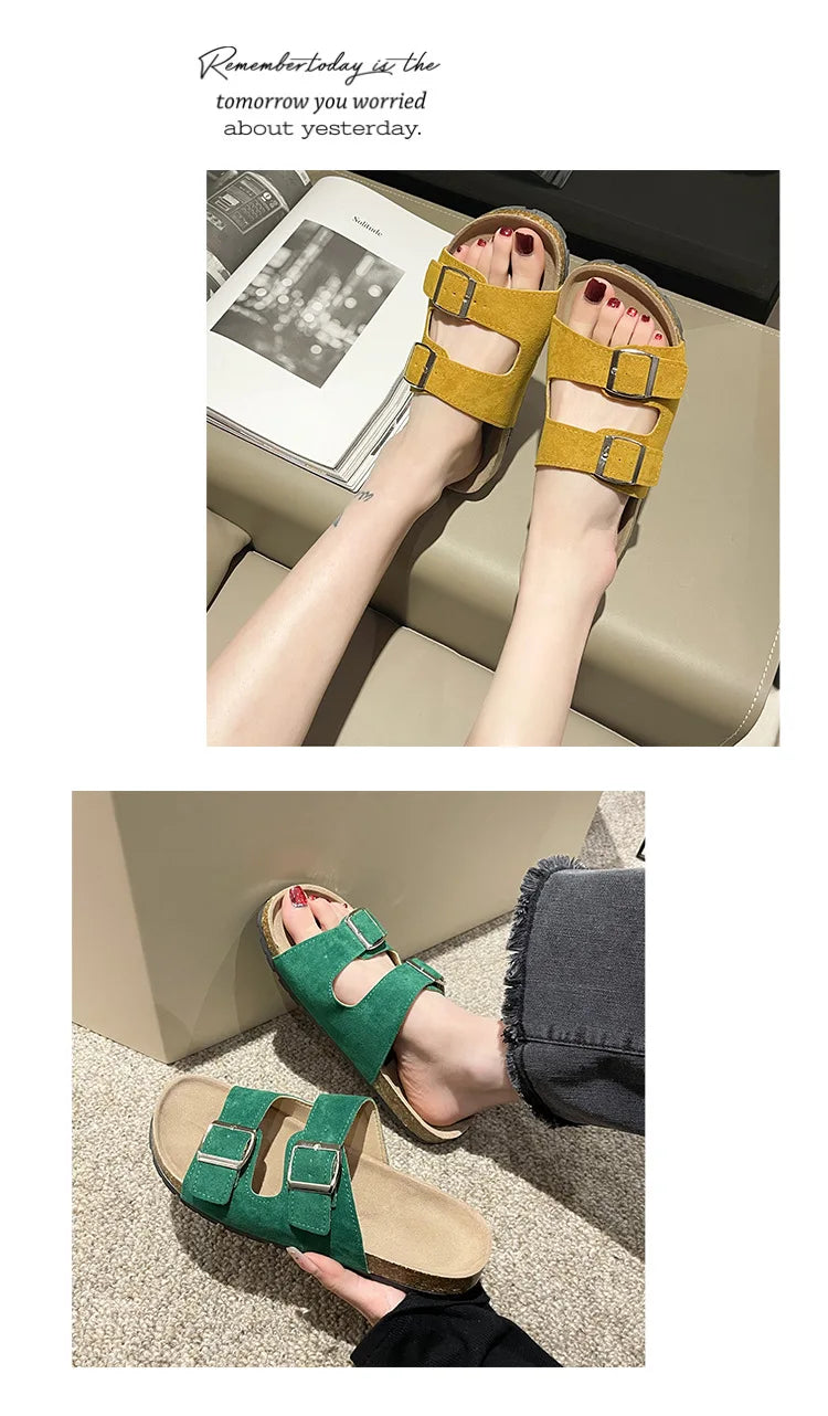 Litfun Women's Cork Footbed Sandals Classic Flat Sandals Fashion Thick Bottom Double Buckle Slides Beach Sandals With Adjustable