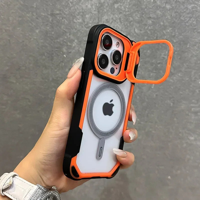 Armor Fold Lens Stand Protect For Magsafe Case For iPhone 16 13 12 14 15 Pro Max Plus Magnetic Wireless Charg Shockproof Cover