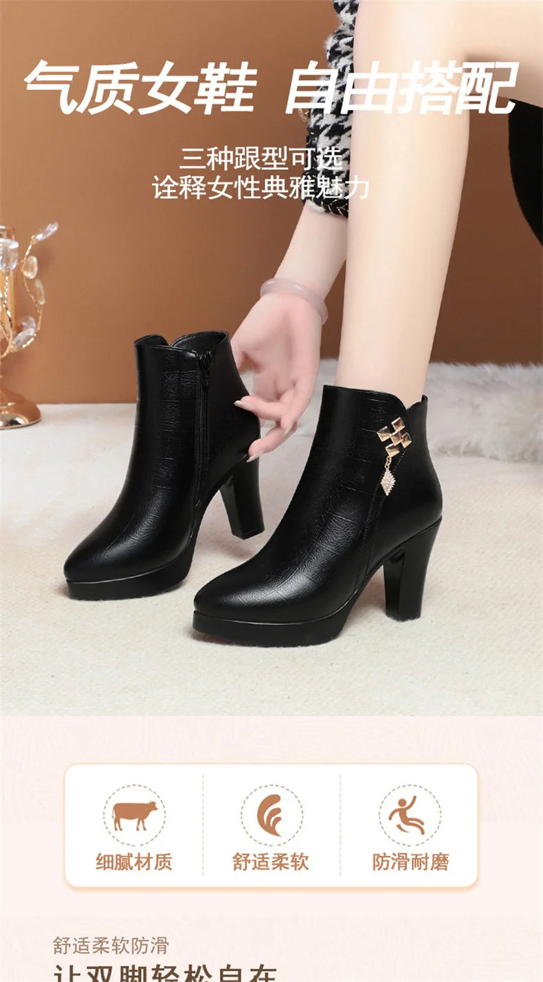 Women High Heels Soft Leather Ankle Boots Autumn Winter Platform Plush Boots Brand Fashion Point Toe Middle Heel Cotton Shoes