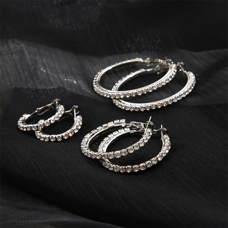 3 Pairs Full Shiny Rhinestone Hoop Earrings For Women Gold Color Sparkling Exaggerated Circle Earring Simple Luxury Jewelry Gift