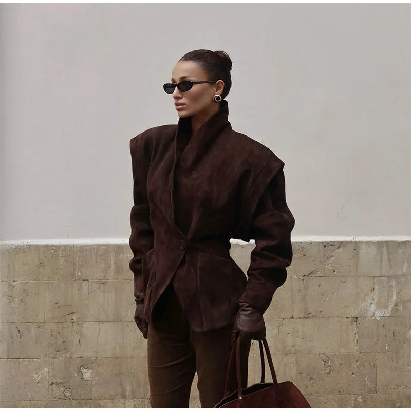 Women Fashion V-neck Lapel Belt Leather Jacket Chic Lace Up High Waist Full Sleeve Overcoat 2025 Lady Autumn High Street Outwear