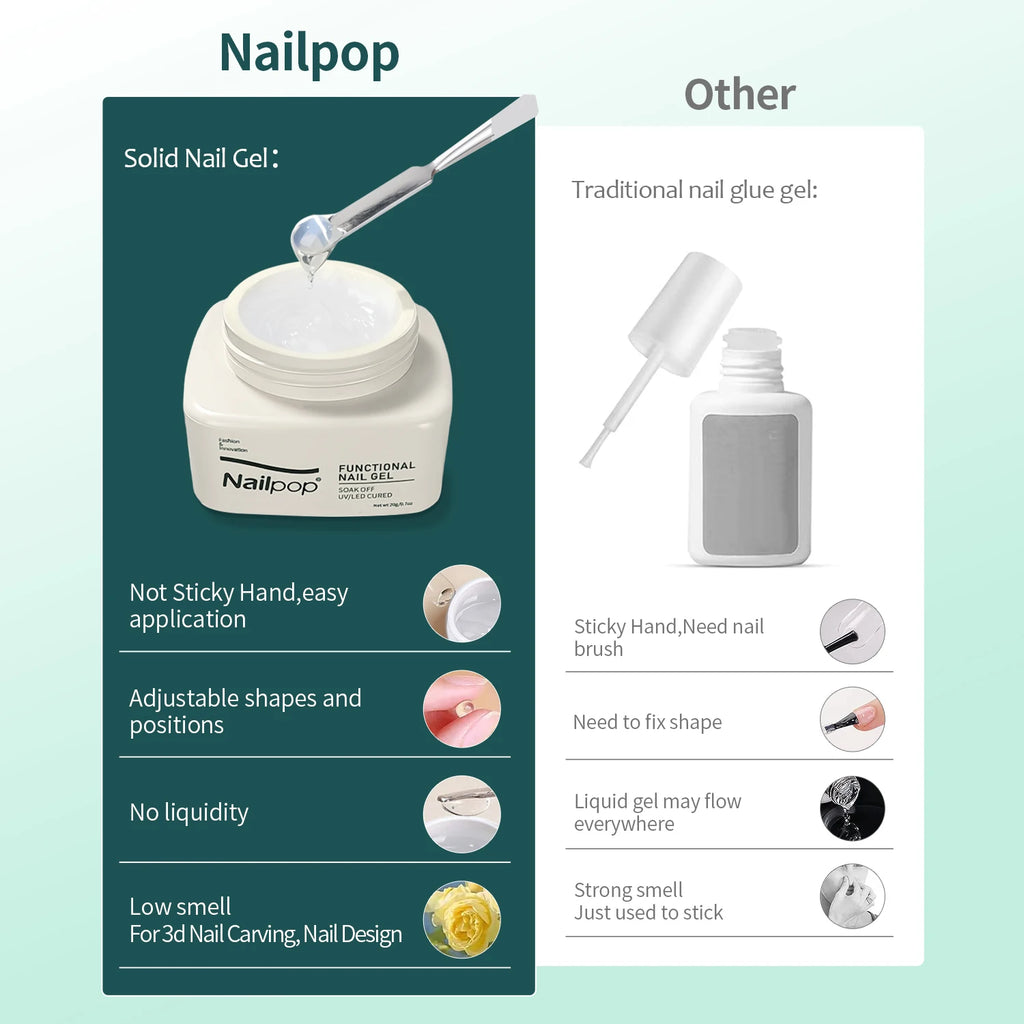 Nailpop Solid Nail Gel Adhesive For Press-On Nails Ultra Strong Adhesion Clear False Nail Gel Soak UV Extension Nail Gel 20g