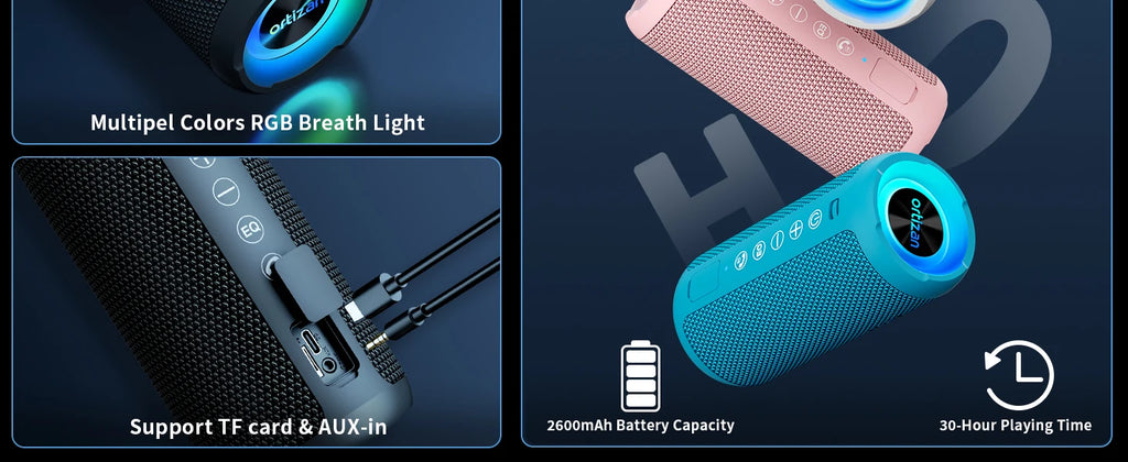Ortizan X10 Bluetooth Speaker Enhanced Bass Portable Speaker with TF Card Slot 30H Playtime IPX7 Waterproof Speaker for Camping