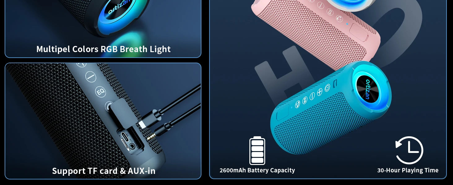 Ortizan X10 Bluetooth Speaker Enhanced Bass Portable Speaker with TF Card Slot 30H Playtime IPX7 Waterproof Speaker for Camping