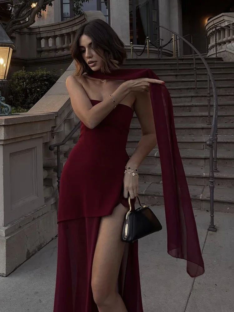 2025 New Strapless Dress With Ribbon Women's Elegant Sleeveless Mesh Beach Vacation Long Dress Spring Fashion Lady Dress