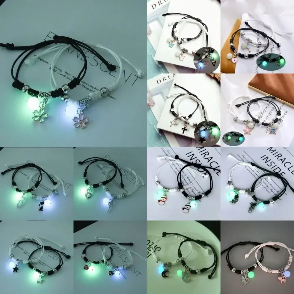 Fashion Luminous Beads Star Couple Bracelet for Women Men Charm Cat Flower Heart Key Lock Cross Matching Friend Bracelet Jewelry