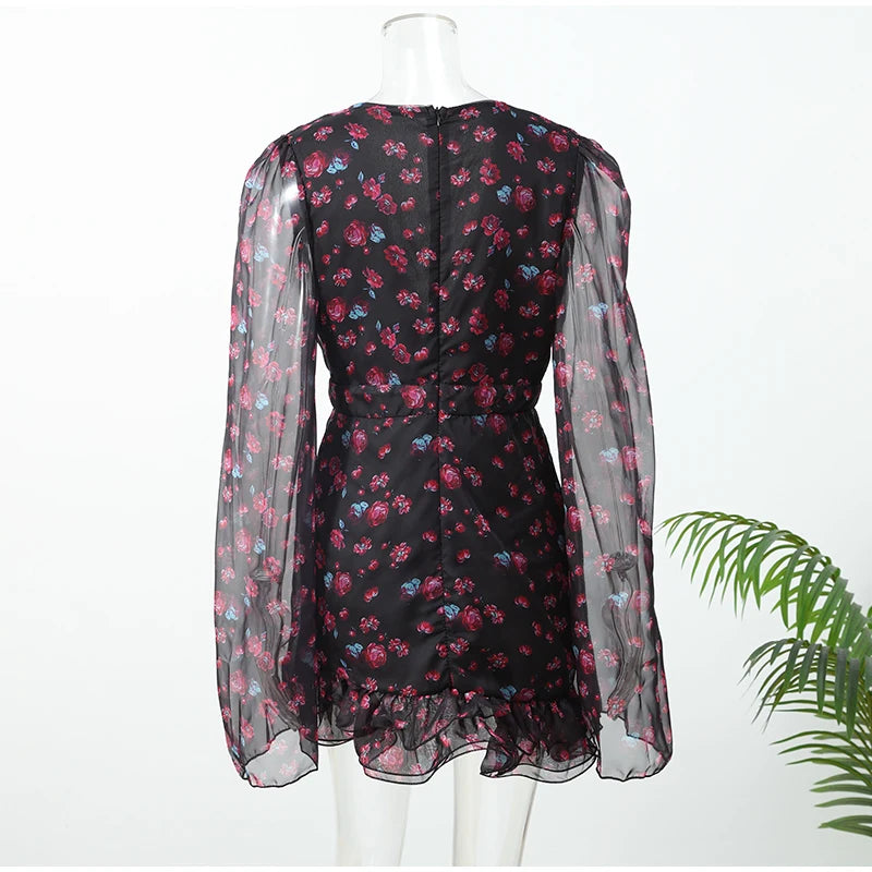 Sexy Floral Printed Mini Dress Women V-neck Flared Sleeve Waist Cinching Ruffle Bodycon Dresses 2026 Lady Party Vacation Gown