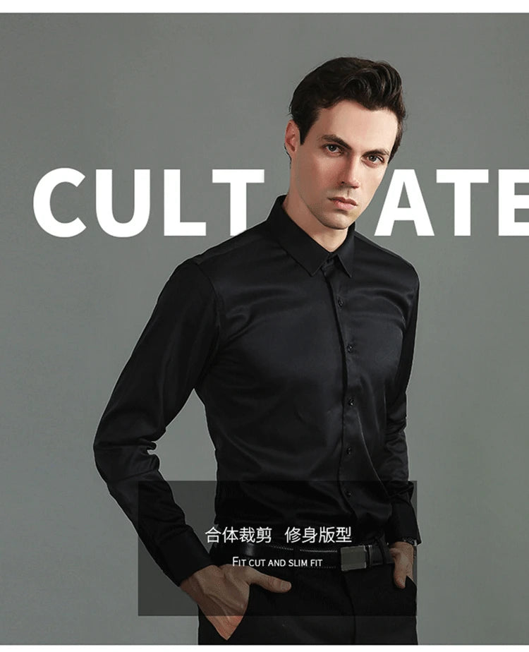 Plus Size 7XL 6XL High Elasticity Seamless Spandex Shirt Men Long Sleeve Slim Fit Casual Solid Color Social Formal Dress Shirts