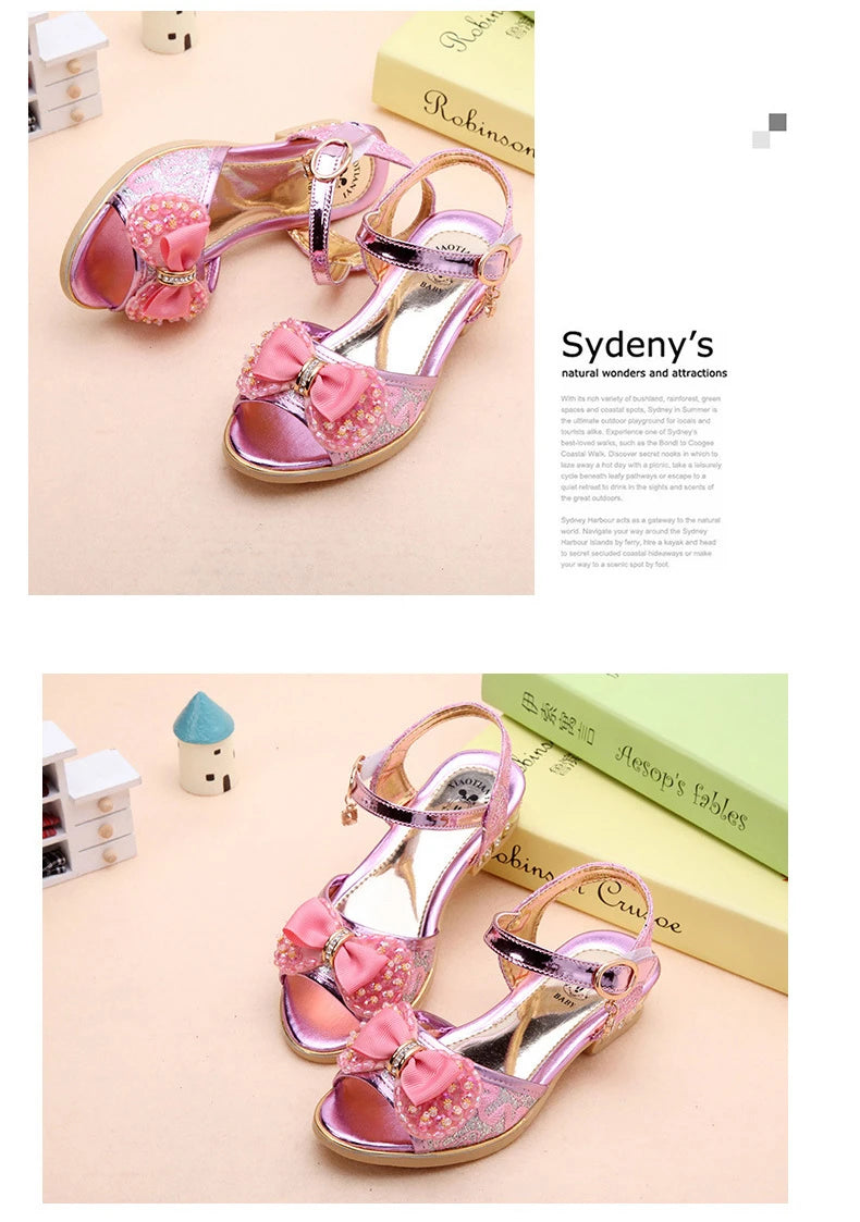 Summer Princess Children's Sandals Girls Sequins Low Heels Non-slip Shoes Fashion Bowknot Kids Beach Sandals Causal Versatile