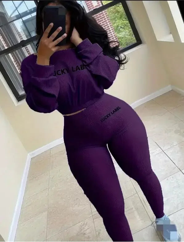 Fashion Summer Solid Lucky Label Letter Embroidery Two Piece Sets Women Sweatshirt+Leggings Casual Sporty Tracksuits Female