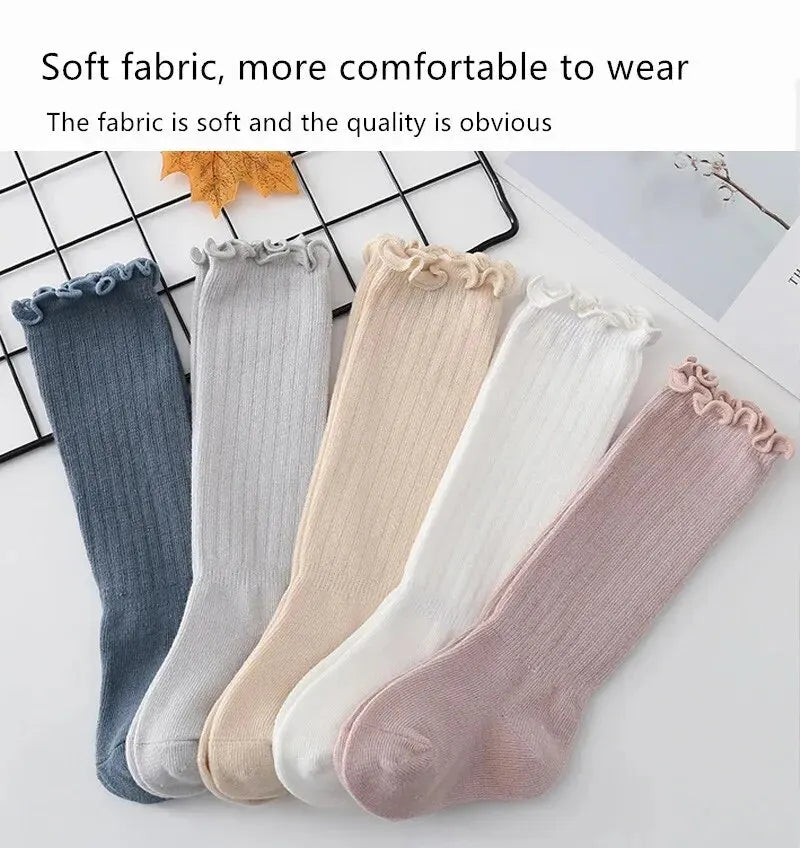 Baby Girls Lace Knee High Socks – 3 Pairs Frilly Ruffle Cotton Long Socks for Newborns & Infants