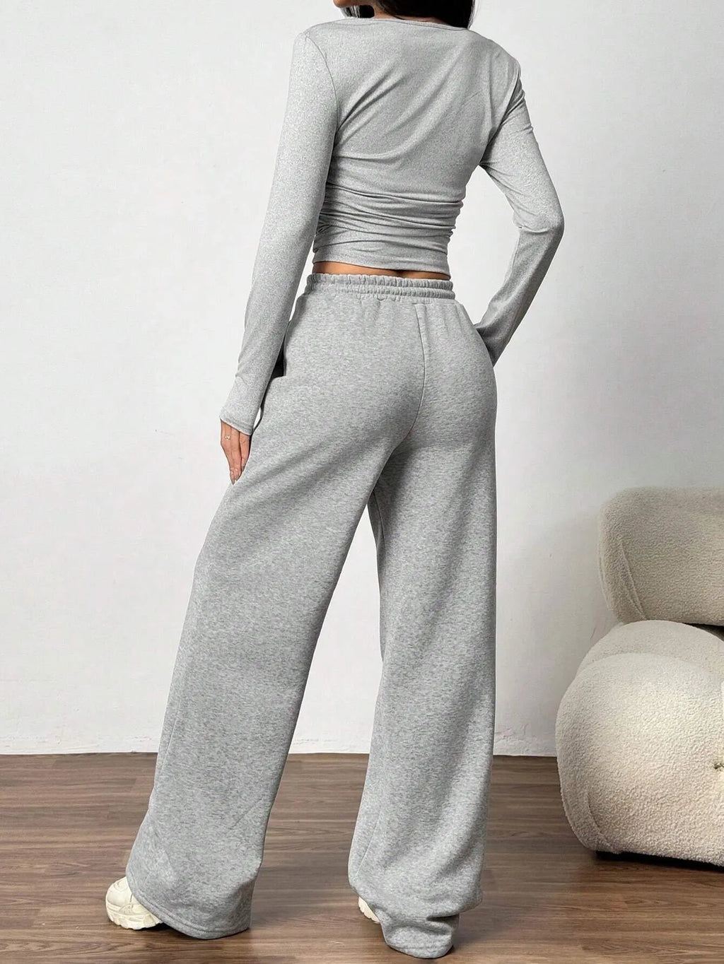 Women's Fashion Casual Wide Leg Pants Long Sleeve Crew Neck Solid Color Slim Two-piece Autumn and Winter Suit