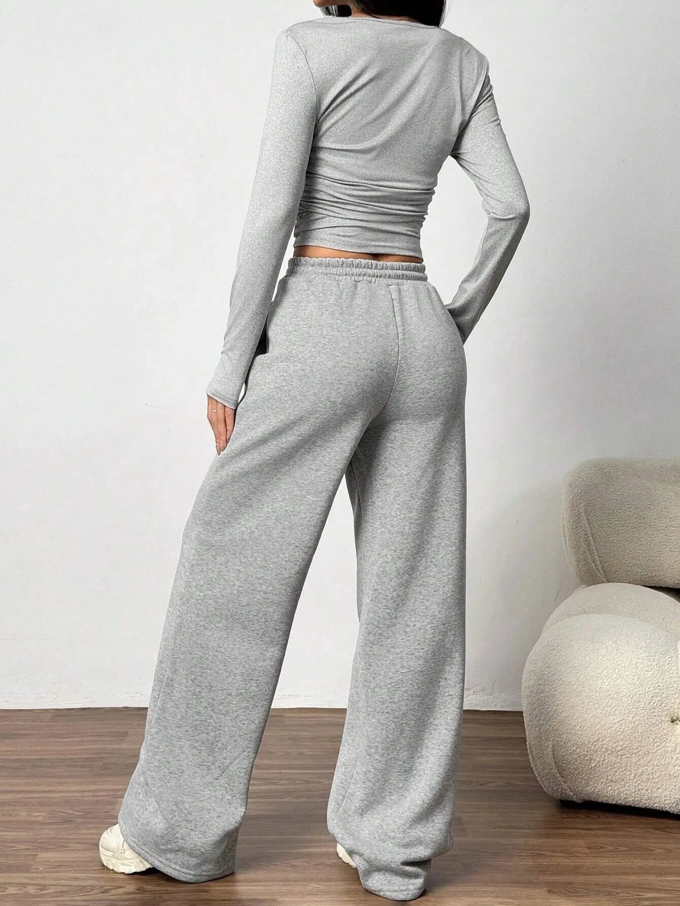 Women's Fashion Casual Wide Leg Pants Long Sleeve Crew Neck Solid Color Slim Two-piece Autumn and Winter Suit