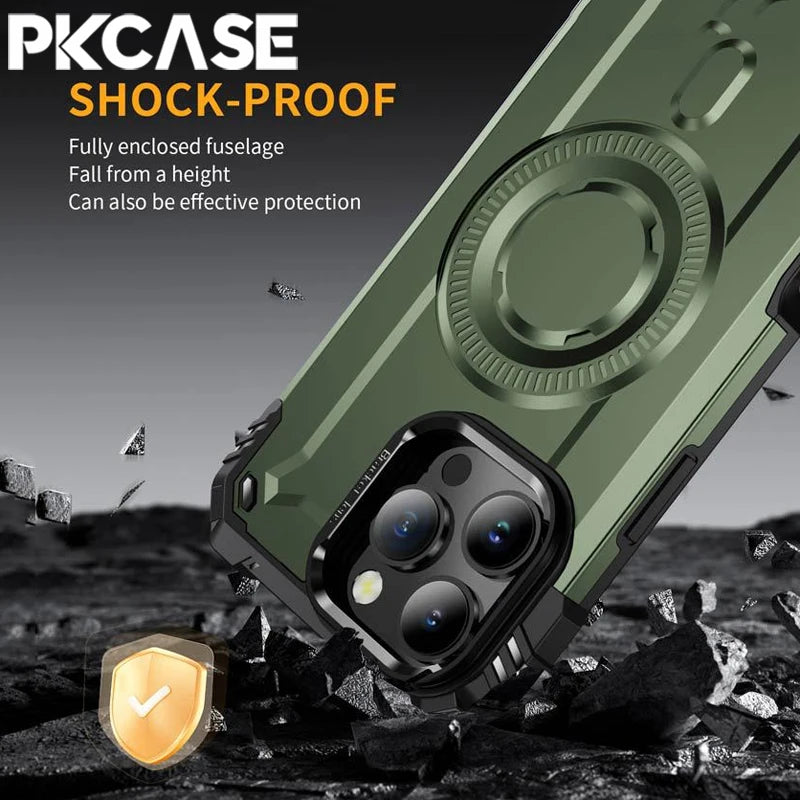 PKCASE Military Shockproof Bracket Case For iPhone 17 Air 16 15 14 Plus Pro Max For Magsafe Magnetic Armor Cover