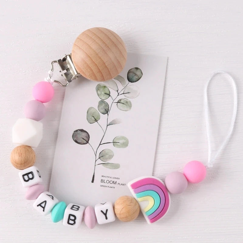 Beech Wood Clip Silicone Pacifier Chain – Baby Soother Holder & Teething Toy